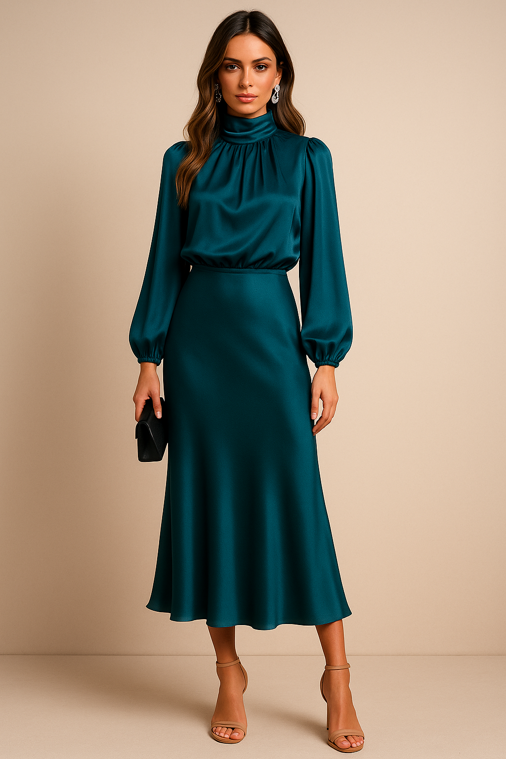 Susanne | Damen Langarm Hochgeschlosses Midi Kleid