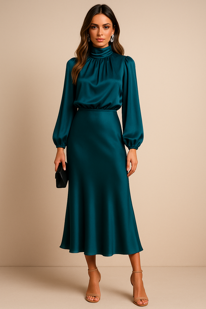 Susanne | Damen Langarm Hochgeschlosses Midi Kleid