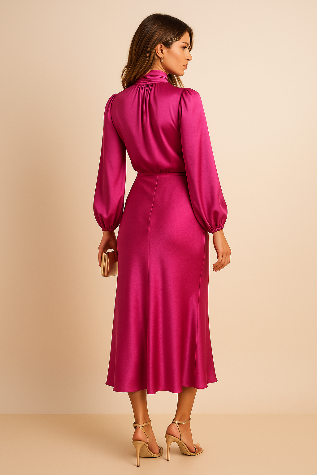 Susanne | Damen Langarm Hochgeschlosses Midi Kleid