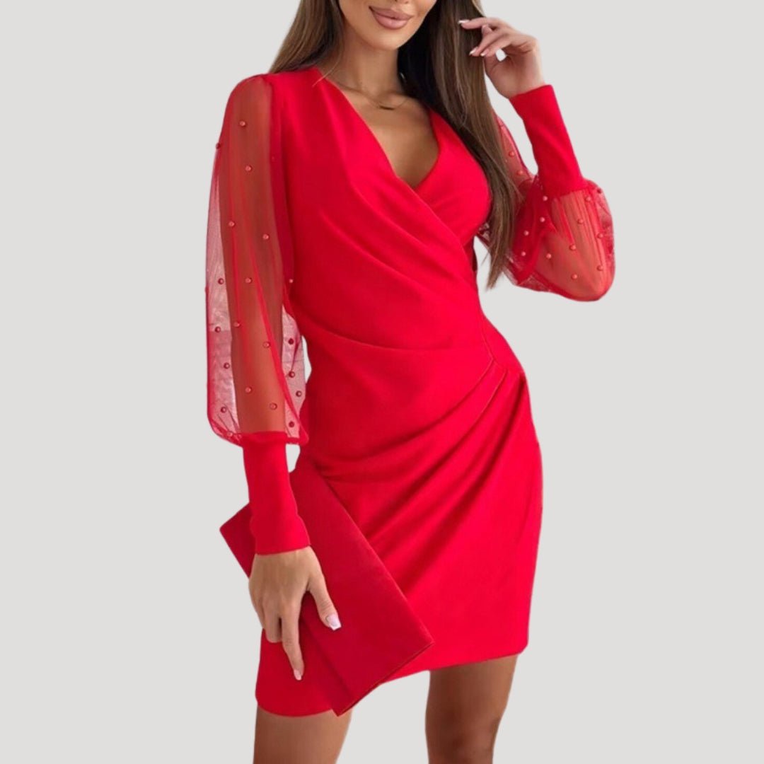 Hanna | Damen Mini-Wickelkleid mit Transparenten Ärmeln und V-Ausschnitt