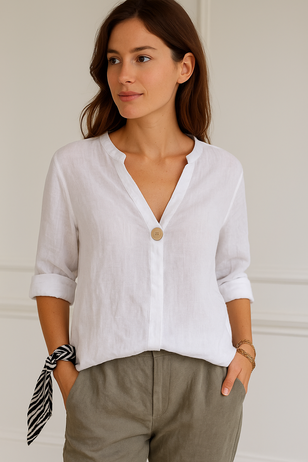 Claudia | Damen Locker sitzende Bluse mit V-Ausschnitt und Knopfdetails