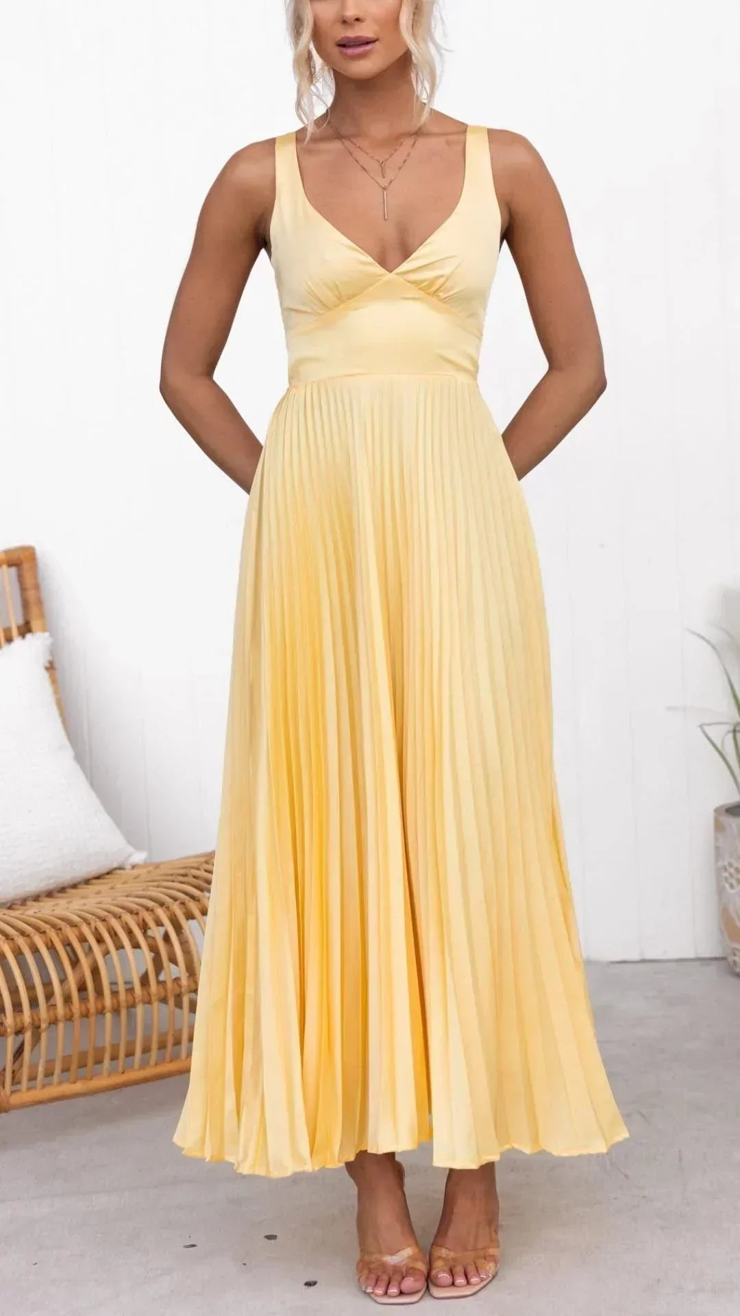 Claudia | Damen V-Ausschnitt Falten Maxi-Kleid
