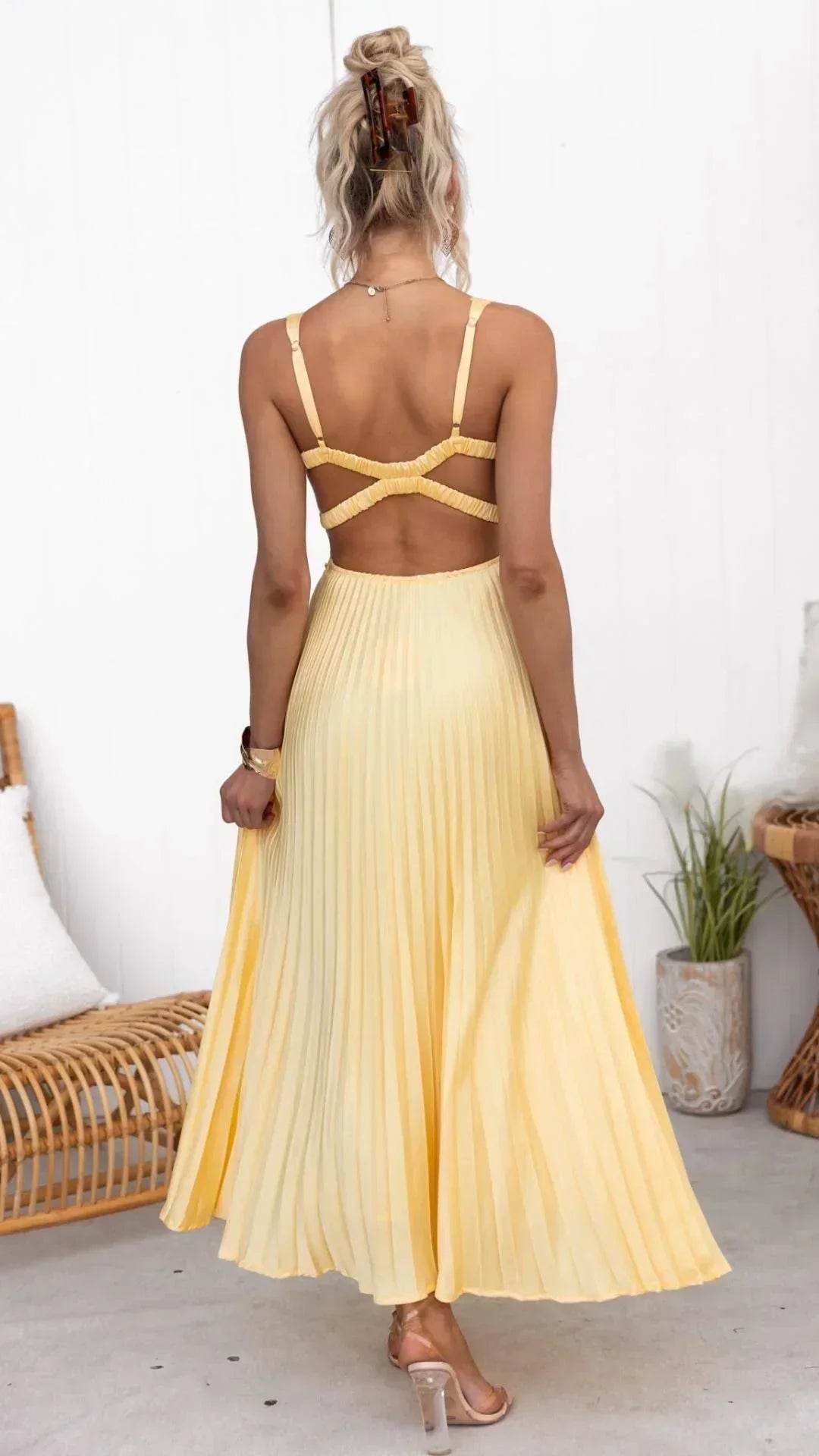 Claudia | Damen V-Ausschnitt Falten Maxi-Kleid