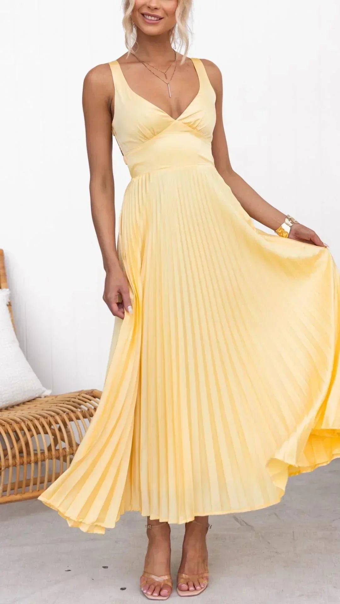 Claudia | Damen V-Ausschnitt Falten Maxi-Kleid