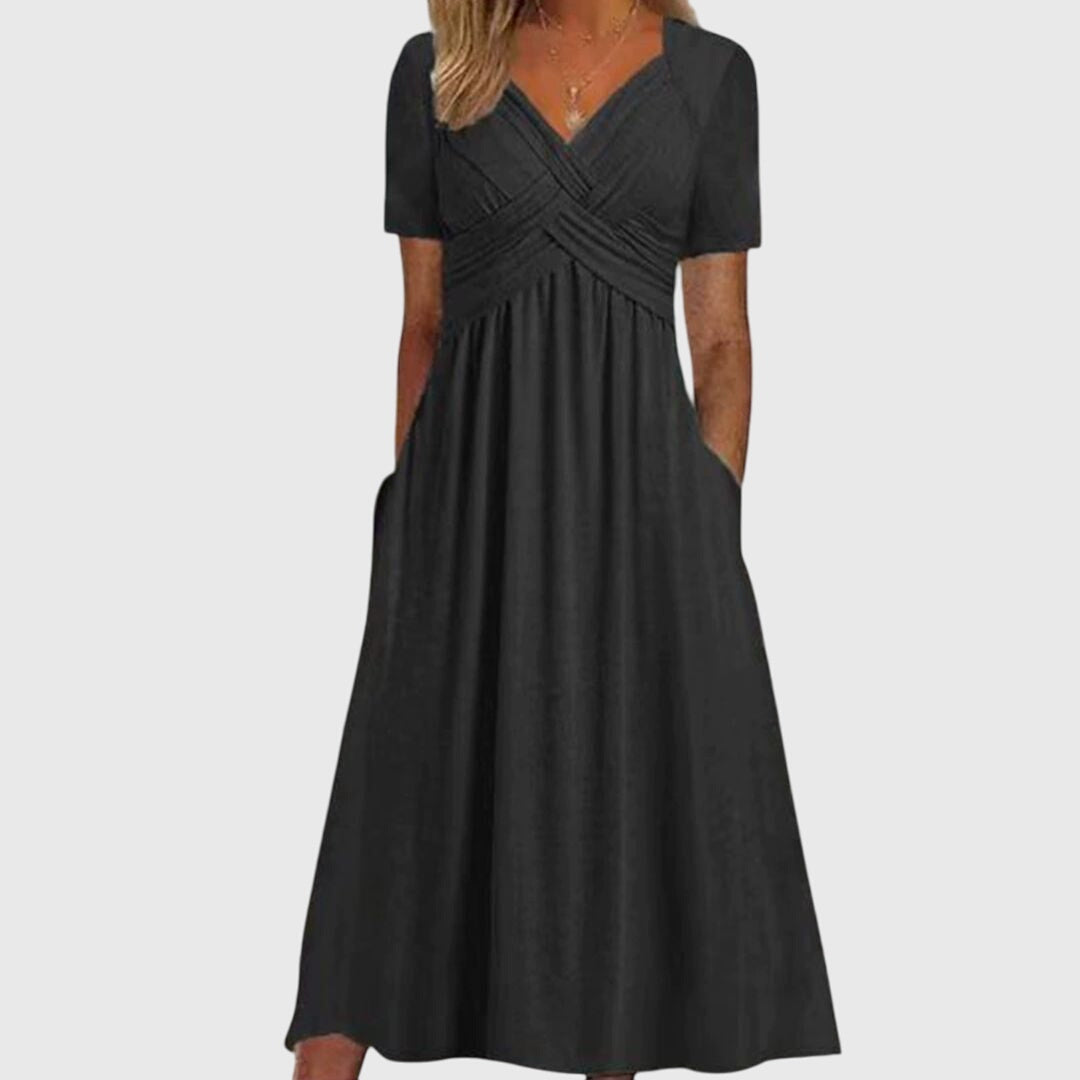 Leonie | Damen Maxikleid mit V-Ausschnitt und Kurzärmeln