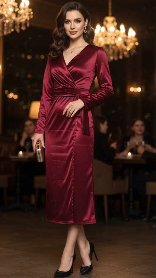 Natalie | Damen Frühlings-Wickel-Abend-Midikleid