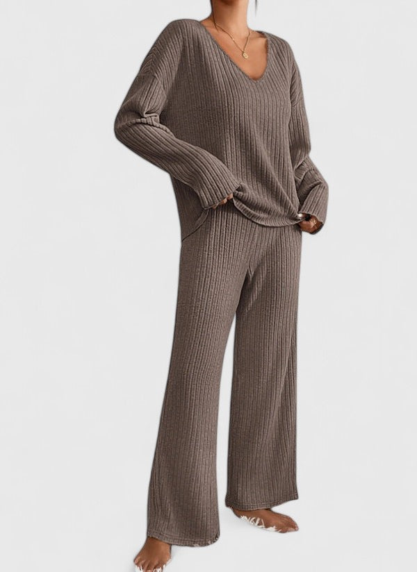 Eva | Damen Geripptes Weites Hosen-Zweiteiler-Set