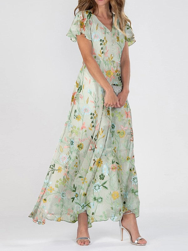 Sabine | Damen Sommer Maxikleid mit Blumenmuster und V-Ausschnitt