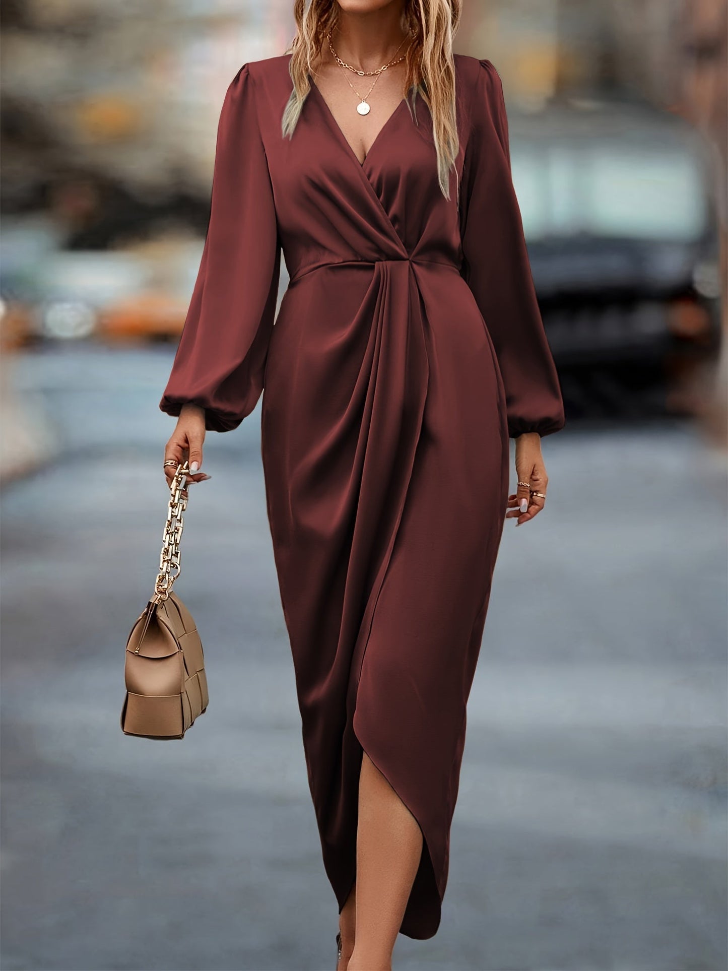 Angela | Damen Schickes Drapiertes Midikleid mit Schlitz
