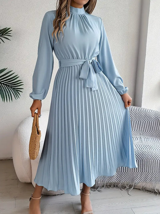 Frieda | Damen Midikleid mit hohem Kragen, Falten und Gürtel