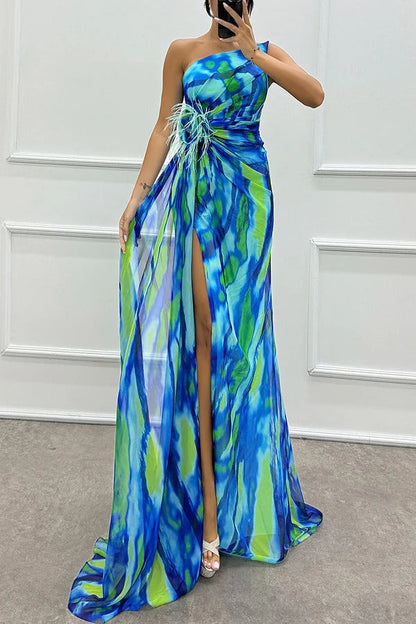 Eva | Damen Maxikleid mit Seitenschlitz und Federverzierung