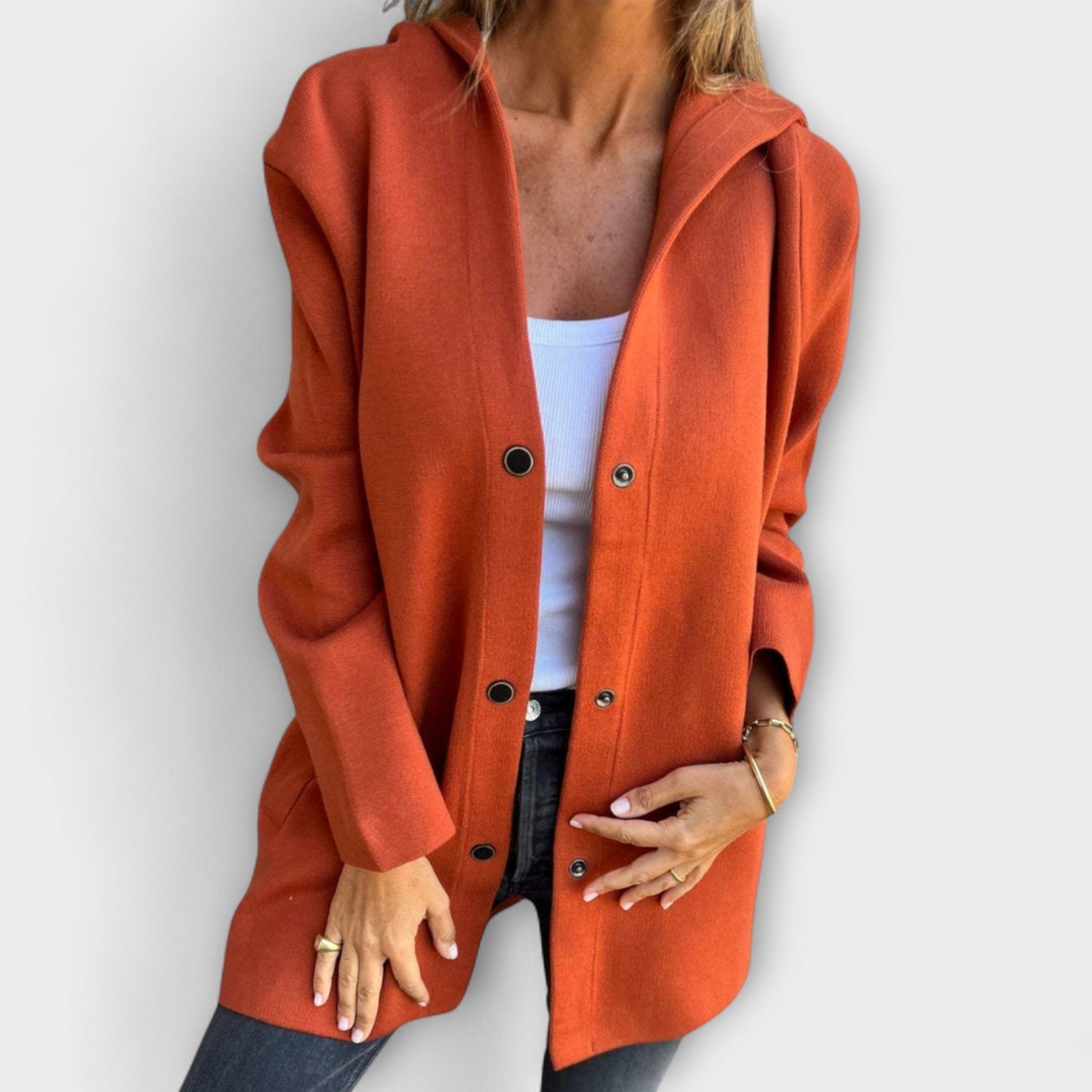 Sandra | Damen Lässige Kapuzenjacke mit Knopfleiste