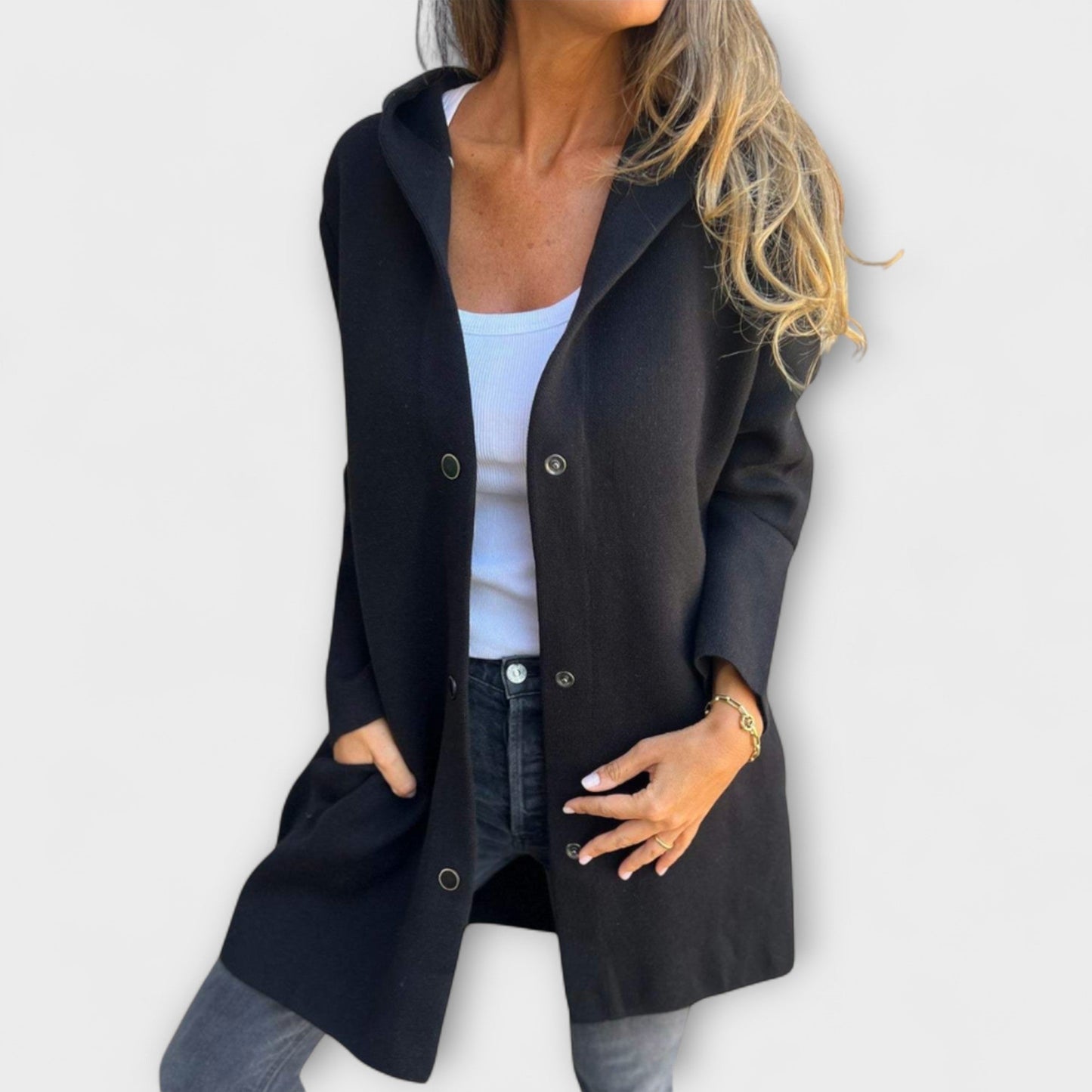 Sandra | Damen Lässige Kapuzenjacke mit Knopfleiste