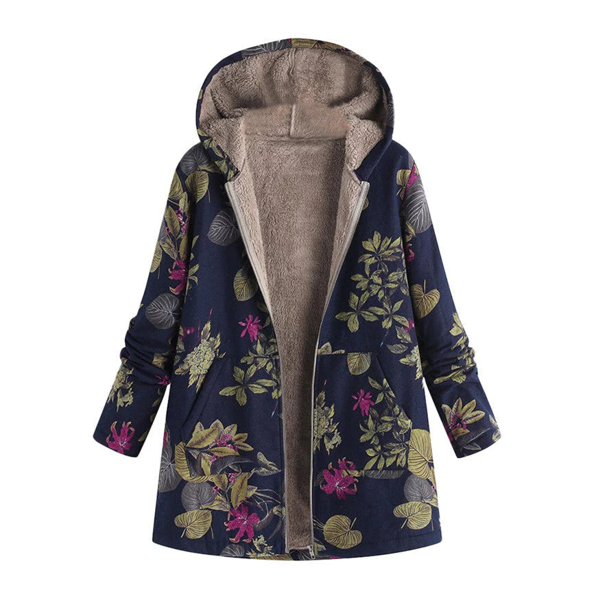 Marie | Damen Wintermantel mit Blumenmuster und Kapuze