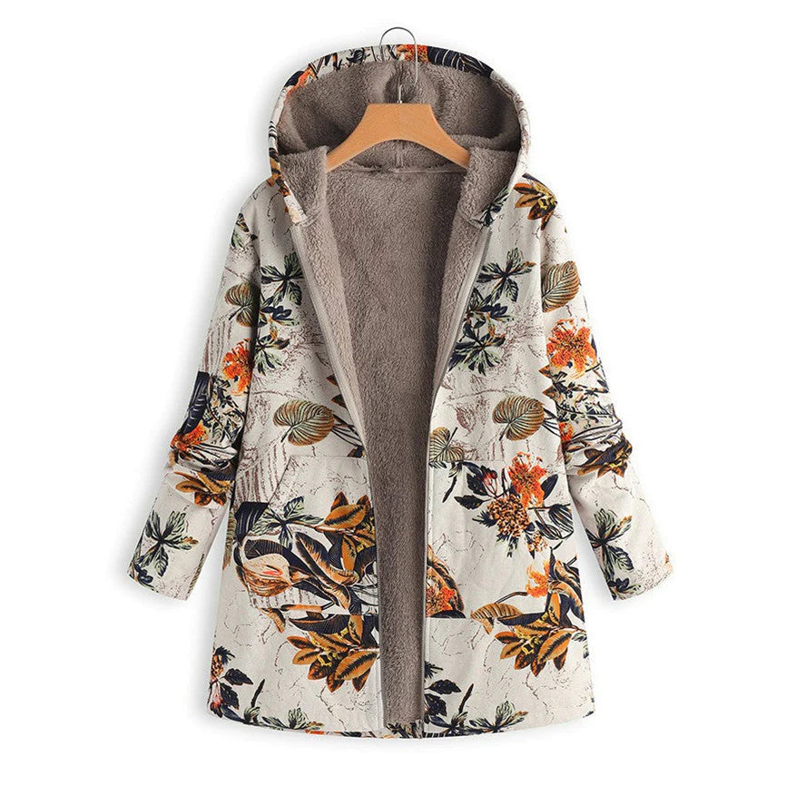 Marie | Damen Wintermantel mit Blumenmuster und Kapuze