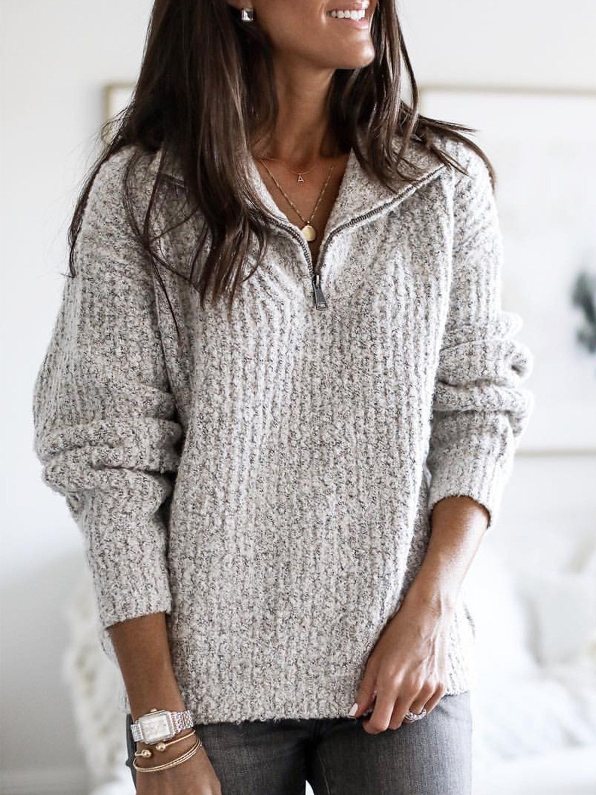 Veronika | Damen Winterpullover mit Halbreißverschluss und Struktur