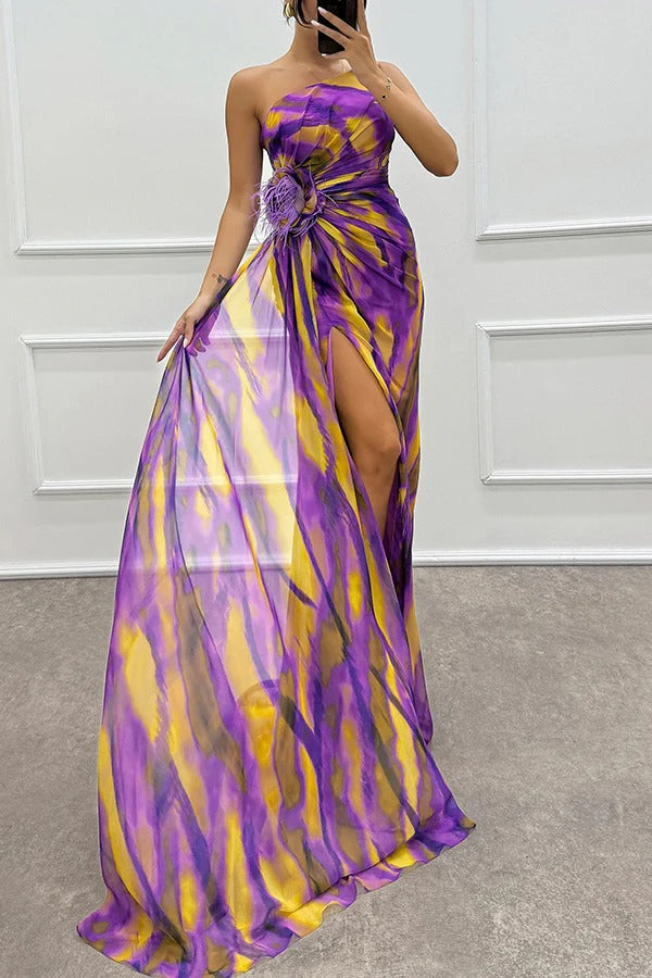 Eva | Damen Maxikleid mit Seitenschlitz und Federverzierung