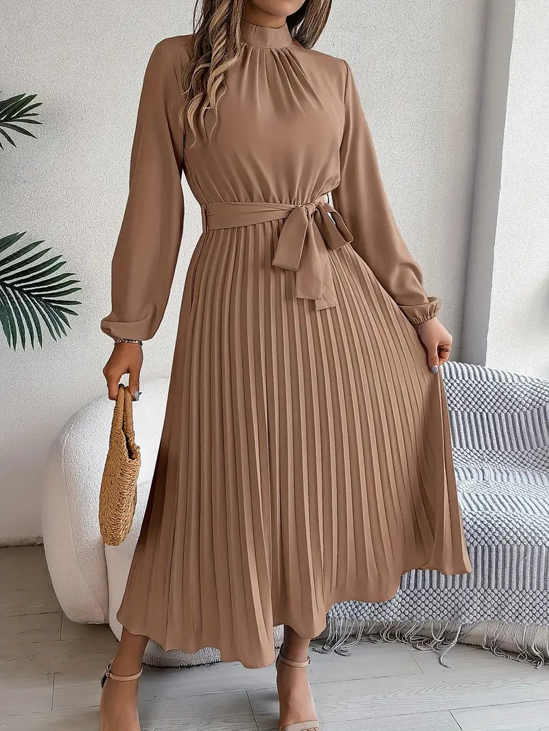 Frieda | Damen Midikleid mit hohem Kragen, Falten und Gürtel