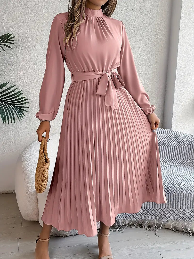 Frieda | Damen Midikleid mit hohem Kragen, Falten und Gürtel