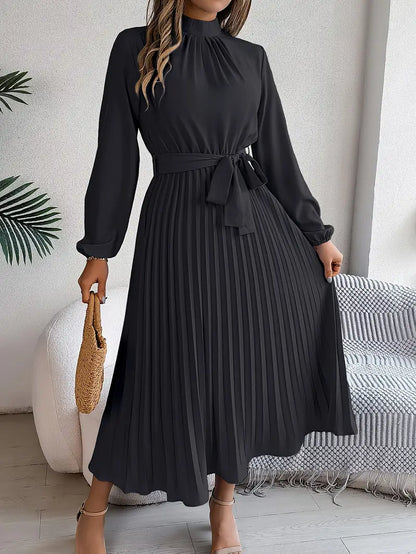 Frieda | Damen Midikleid mit hohem Kragen, Falten und Gürtel