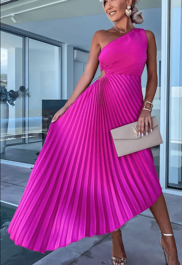Sarah | Damen Plissiertes One-Shoulder-Party-Midikleid