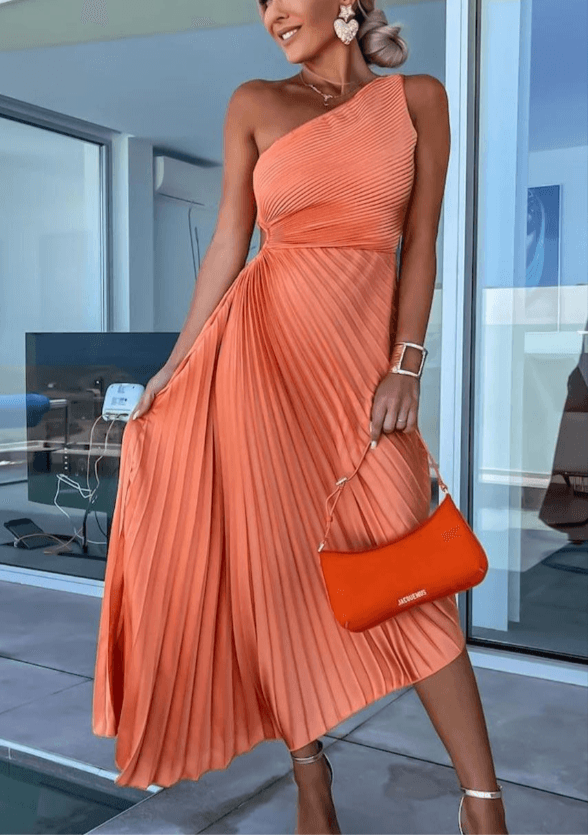 Sarah | Damen Plissiertes One-Shoulder-Party-Midikleid
