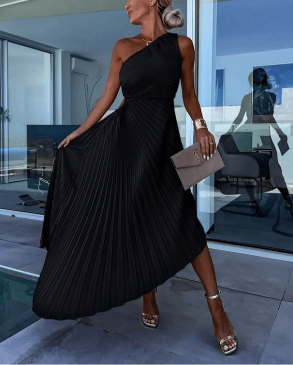 Sarah | Damen Plissiertes One-Shoulder-Party-Midikleid
