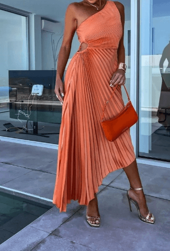 Sarah | Damen Plissiertes One-Shoulder-Party-Midikleid