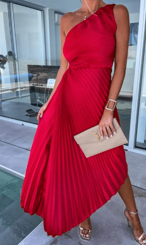 Sarah | Damen Plissiertes One-Shoulder-Party-Midikleid