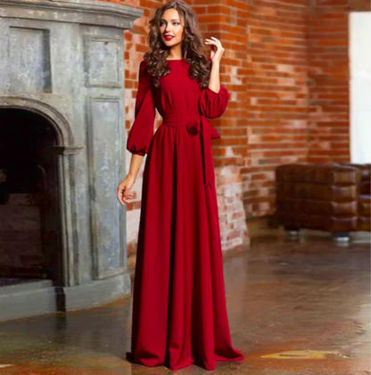 Selina | Damen Modestisches Maxikleid mit Rundhalsausschnitt