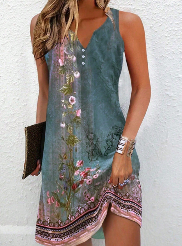 Greta | Damen Ärmelloses Strandkleid mit Kunstprint