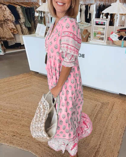 Carmen | Damen Boho Print Midikleid mit V-Ausschnitt