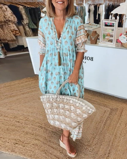 Carmen | Damen Boho Print Midikleid mit V-Ausschnitt