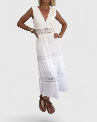 Leonie | Damen Lässiges Midikleid mit V-Ausschnitt und Spitze