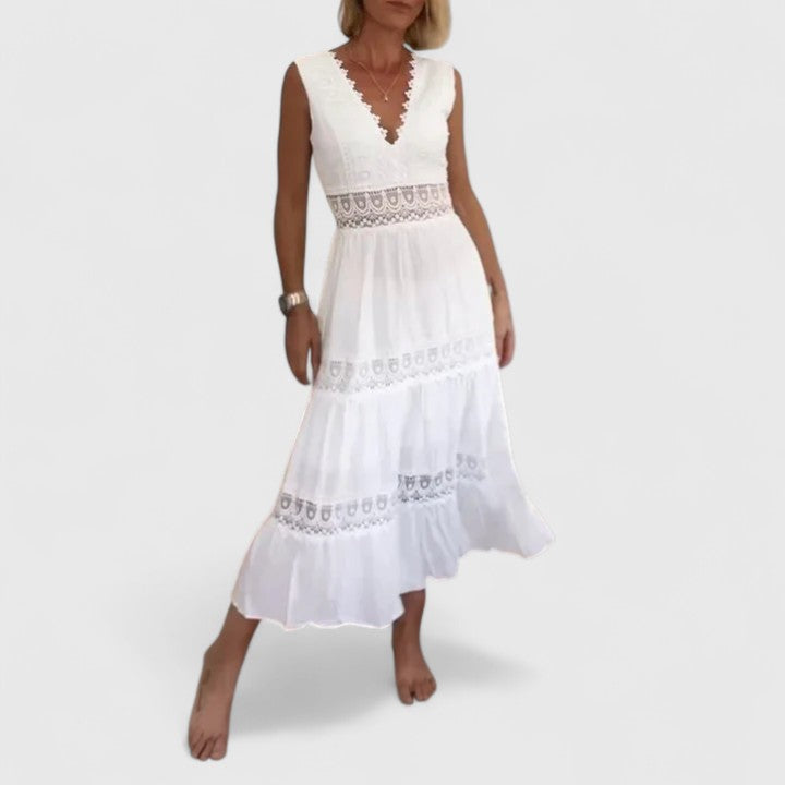 Leonie | Damen Lässiges Midikleid mit V-Ausschnitt und Spitze