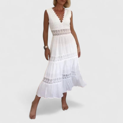Leonie | Damen Lässiges Midikleid mit V-Ausschnitt und Spitze