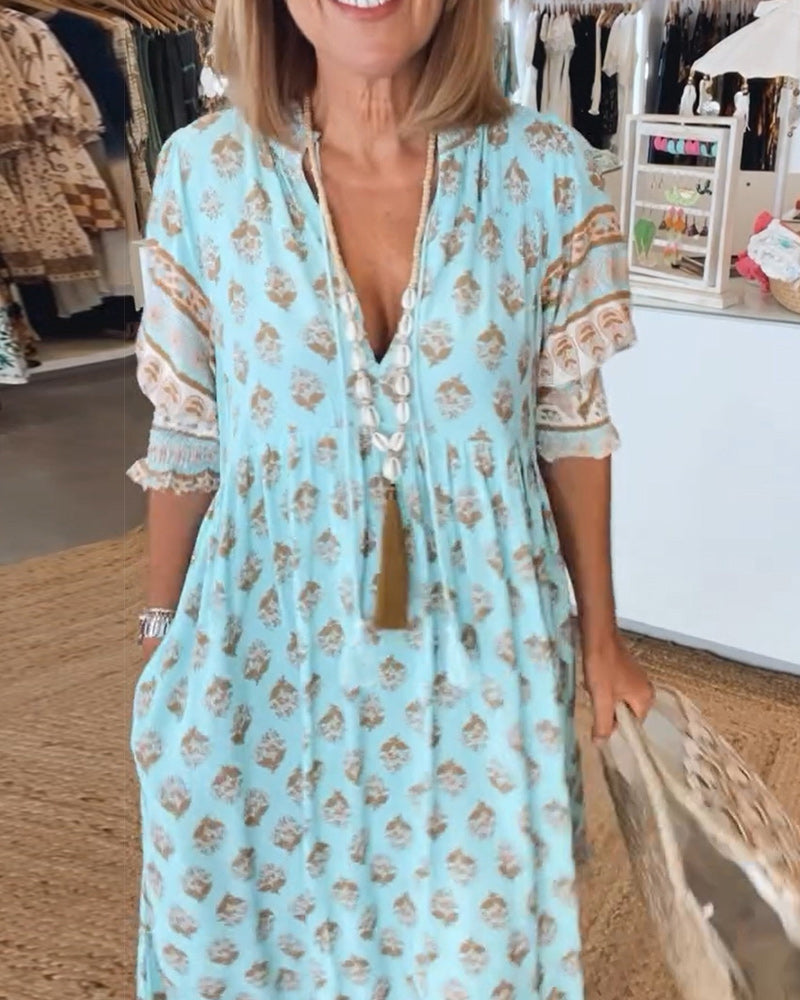 Carmen | Damen Boho Print Midikleid mit V-Ausschnitt