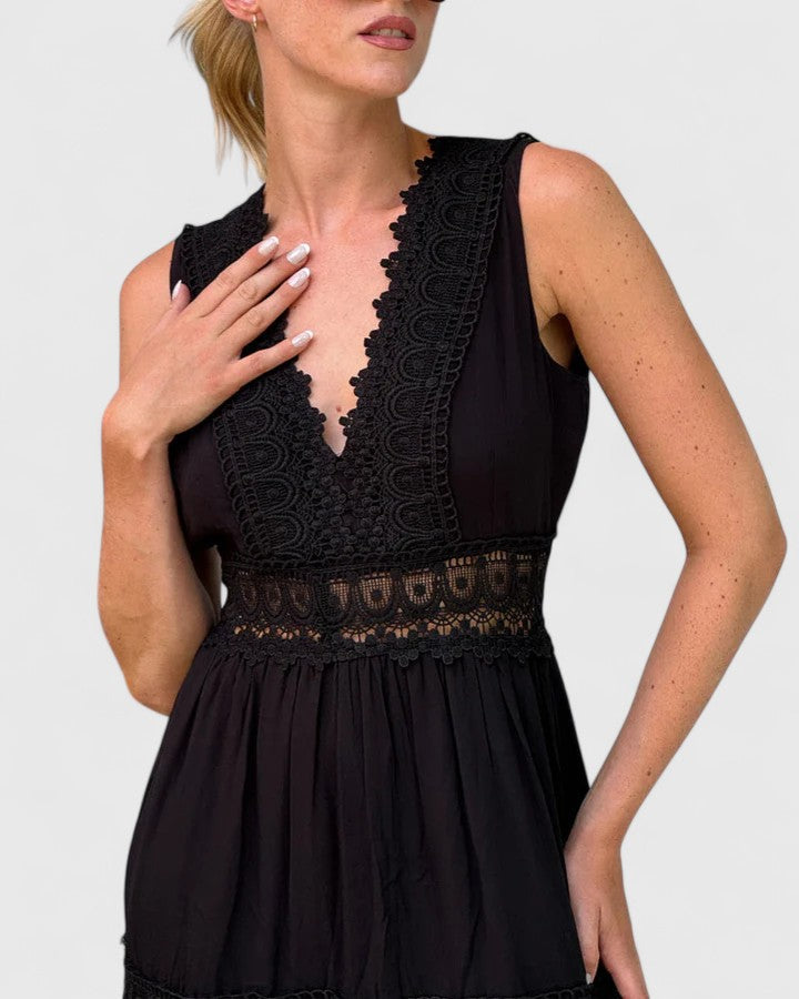 Leonie | Damen Lässiges Midikleid mit V-Ausschnitt und Spitze