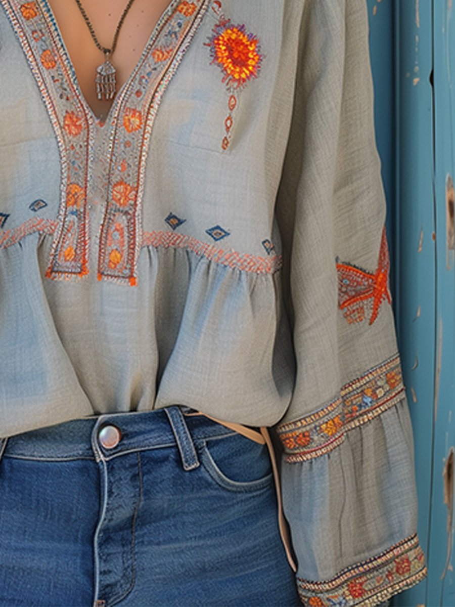 Julia | Damen Sommer Boho-Bluse mit Stickereien