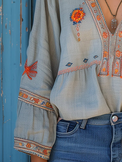 Julia | Damen Sommer Boho-Bluse mit Stickereien