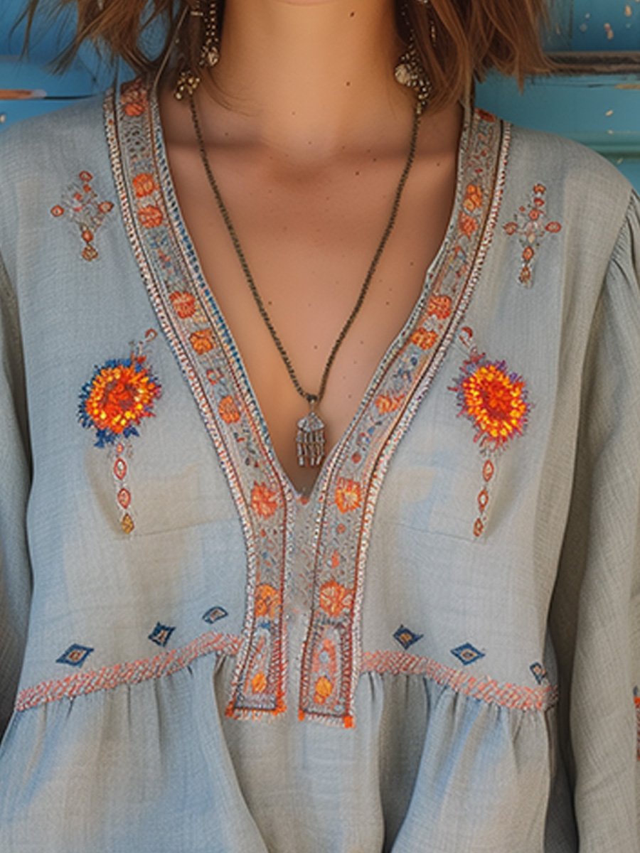 Julia | Damen Sommer Boho-Bluse mit Stickereien