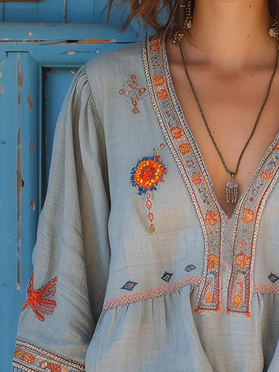 Julia | Damen Sommer Boho-Bluse mit Stickereien