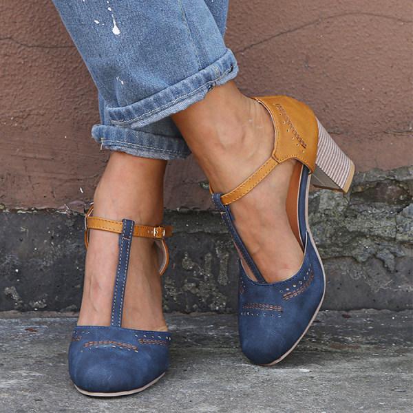 Annika | Damen Bequeme T-Riemen-Pumps mit Blockabsatz