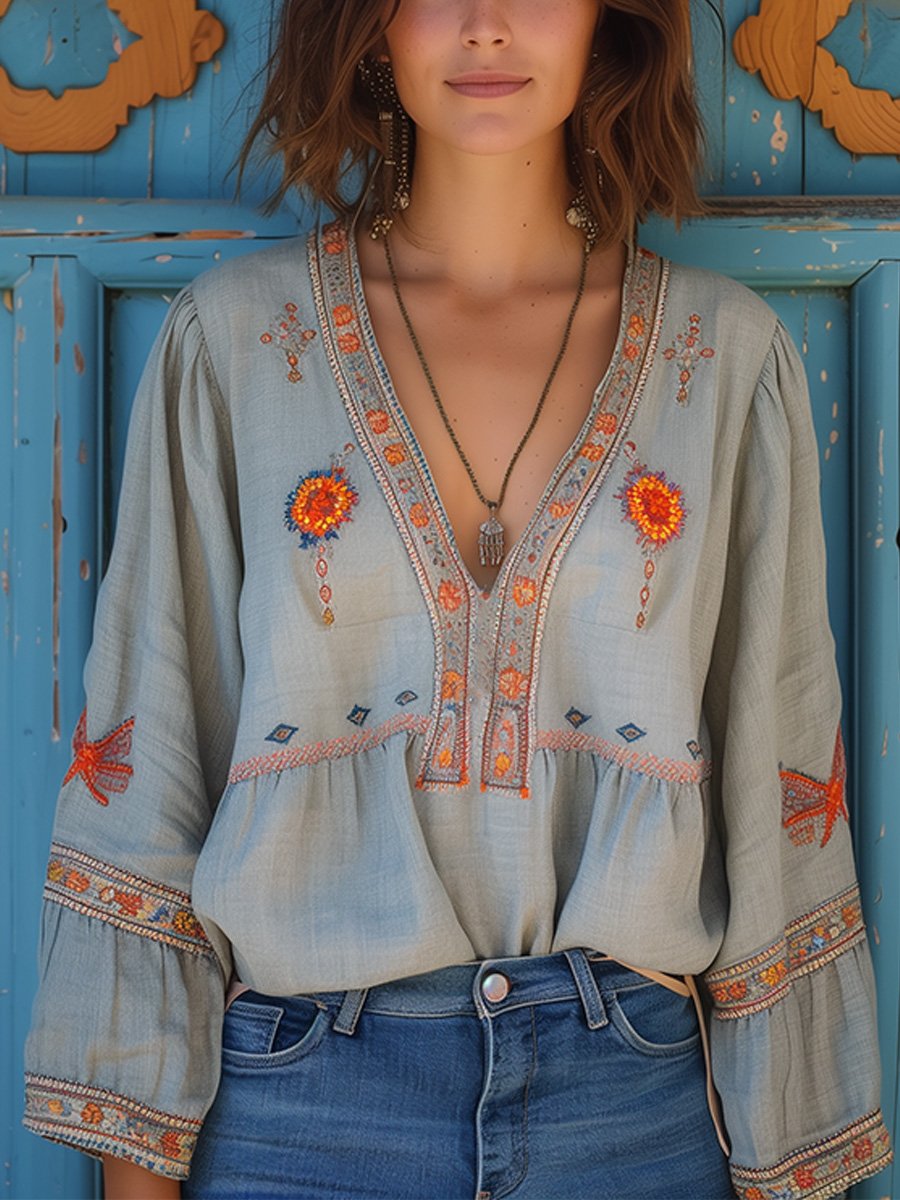 Julia | Damen Sommer Boho-Bluse mit Stickereien