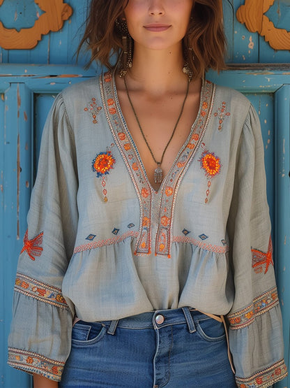Julia | Damen Sommer Boho-Bluse mit Stickereien