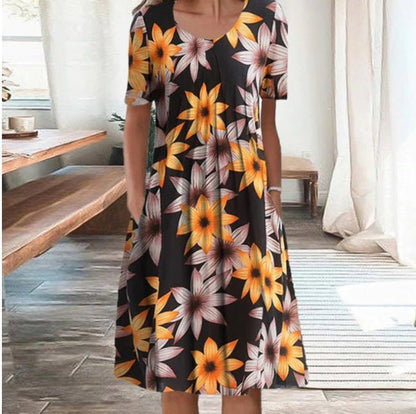 Carolin | Damen Kleid mit Blumenmuster und kurzen Ärmeln