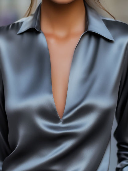 Nicole | Damen Frühlings-Satinbluse mit V-Ausschnitt