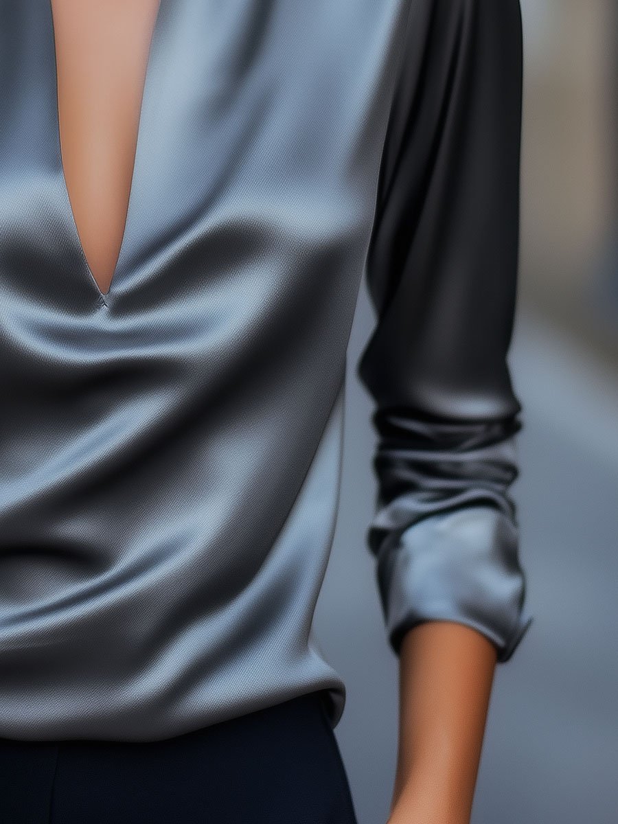 Nicole | Damen Frühlings-Satinbluse mit V-Ausschnitt