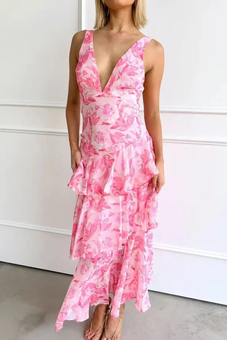Kirsten | Damen Elegantes Geblümtes Stufen-Maxikleid