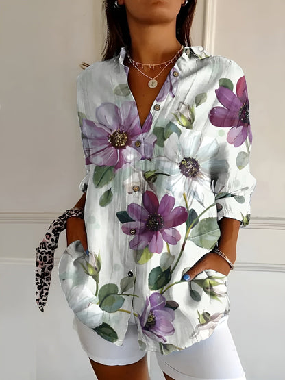 Greta | Damen Oberteil mit Blumenmuster und Knopfleiste vorne
